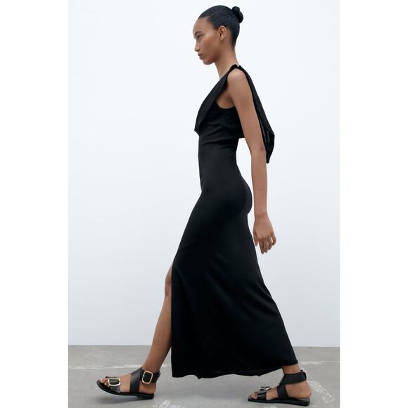 Zara Cowl Neck Black Knit Maxi Dress Small Low Back Resort Wear Minimalist - Picture 13 of 13
